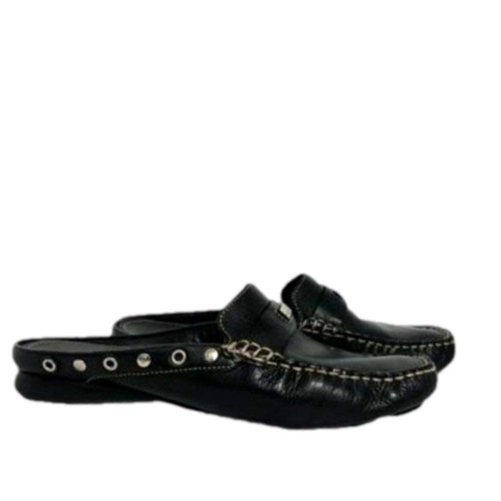 Perlina Black Leather Slip On Open Back with Silver Studs